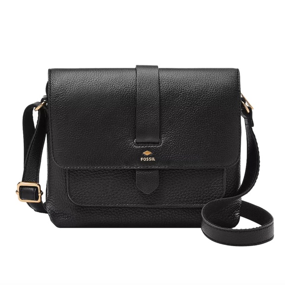 Fossil - Kinley Black Leather Brass Hardware Crossbody Bag Purse - Picture 1 of 2